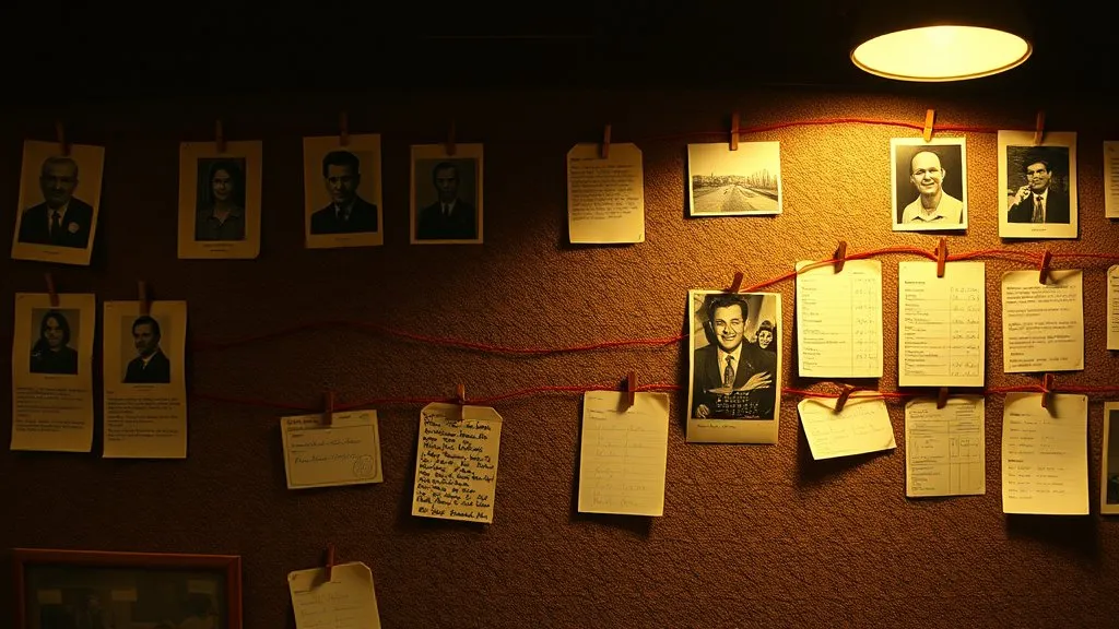 The PLAY INQUEST caseboard: witness portraits and evidence pinned across a dark wall