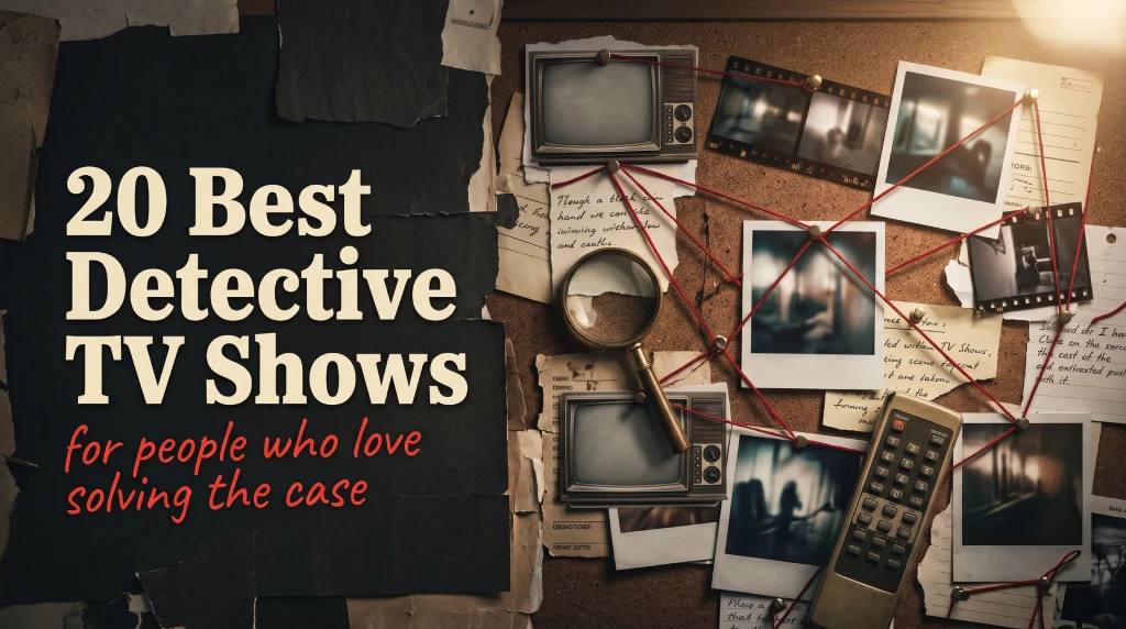 A detective corkboard of old TV sets, polaroids and red string beside the title 20 Best Detective TV Shows