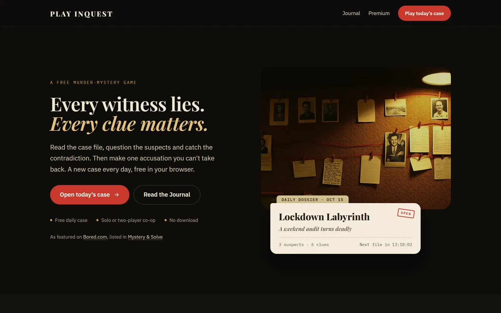 The new PLAY INQUEST homepage, with today’s case beside the headline